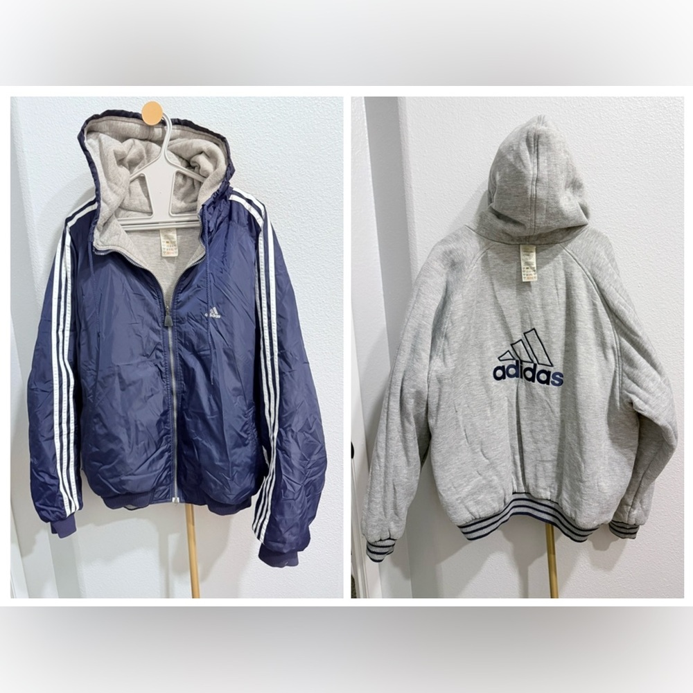 Adidas reversible hooded jacket w/navy blue nylon windbreaker & gray fleece side